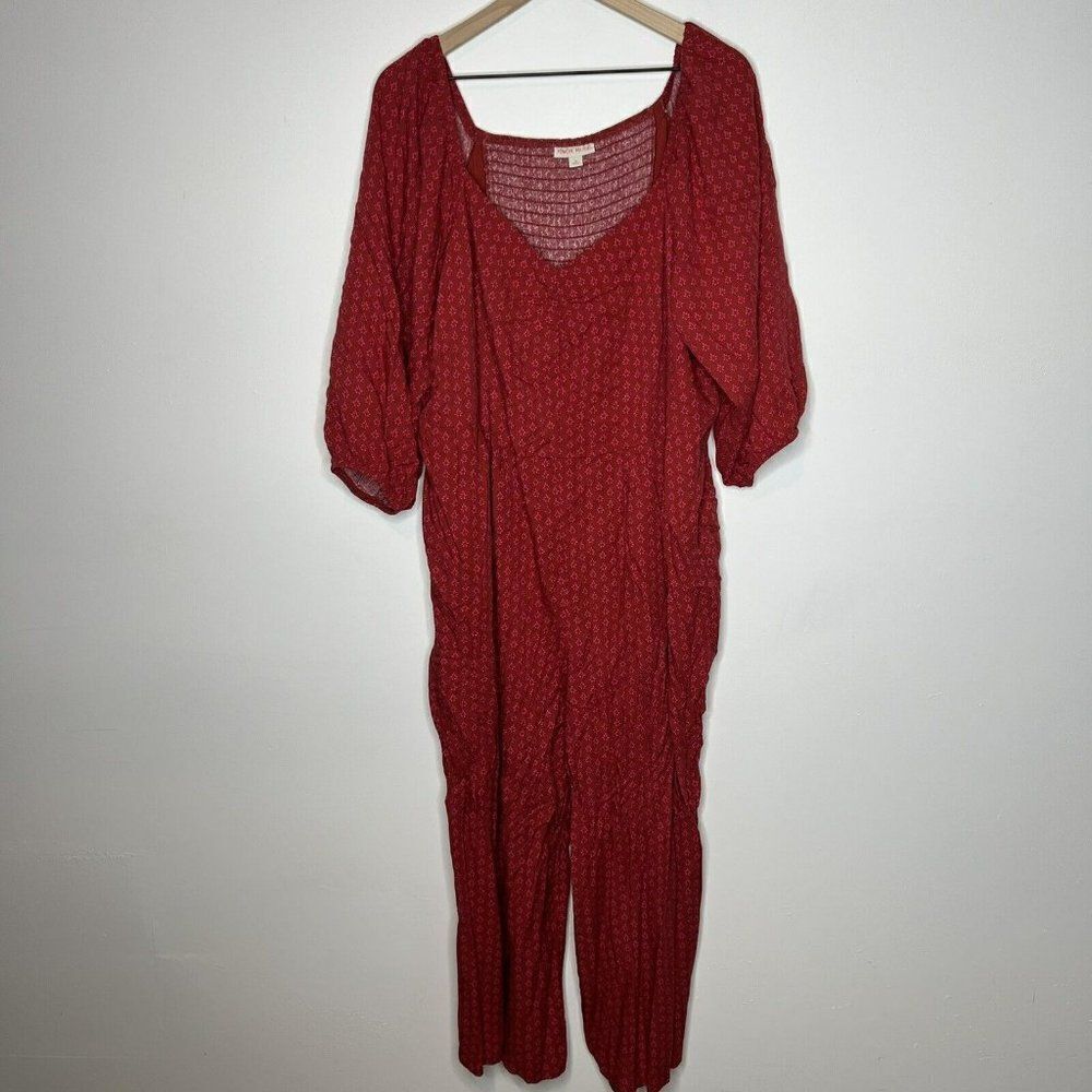 Knox Rose Jumpsuit Red Floral Smocked-Back 3/4 Sleeves 1X